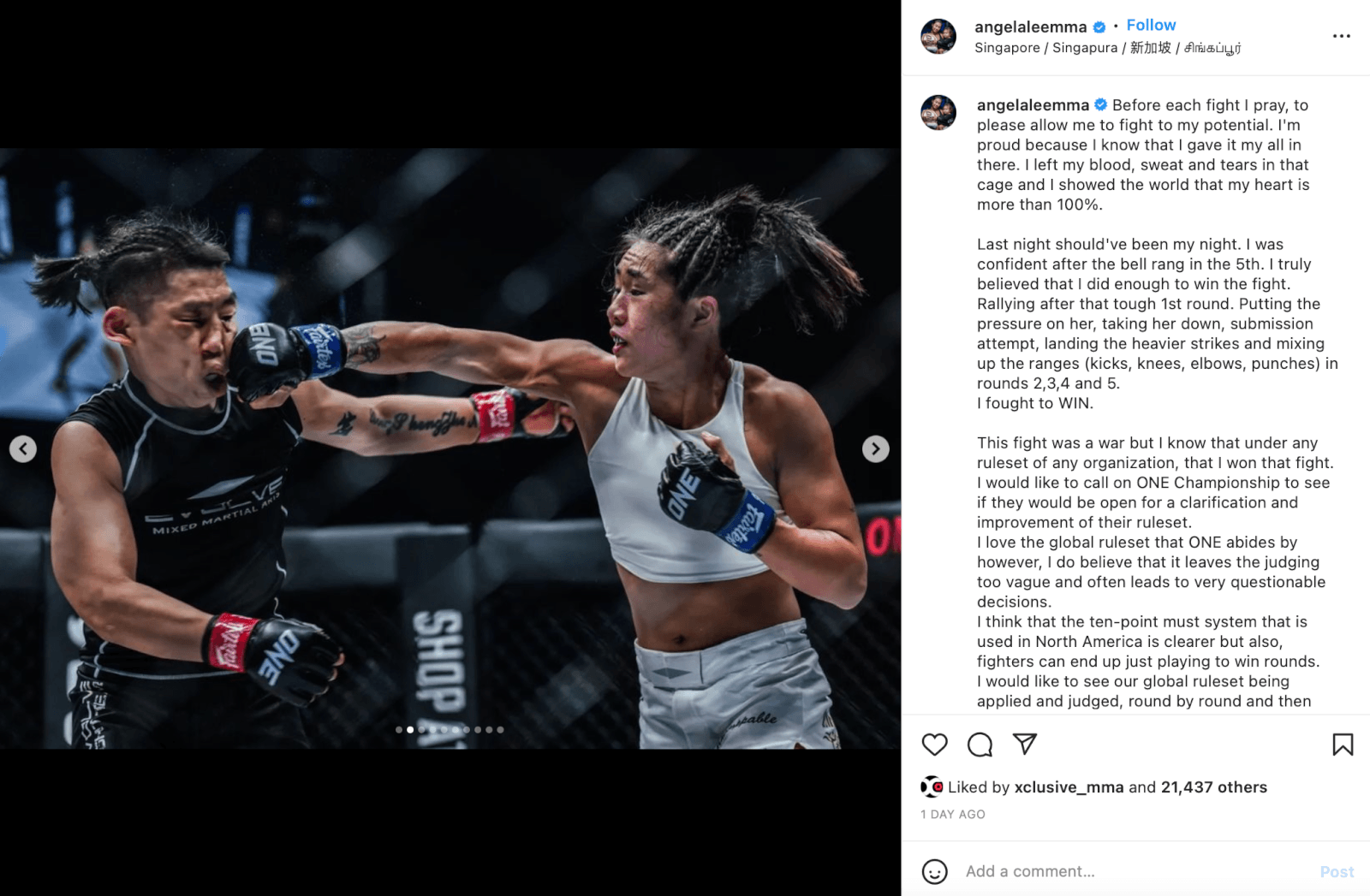 One FC: Angela Lee got the W in our books