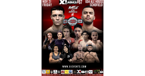 X1 MMA 67 Battle at the Barracks 11 fight poster showing main event Kamalei Hassett vs Brandon Land with undercard fighters and event details for November 21, 2025 at 604 Ale House Schofield.